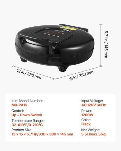 VEVOR Pizza Oven, 12 in Electric Pizza Maker, 1200W Electric Pizzas Cooker with Non-Stick Coating, 180° Open for Dual Side Baking, Heats up to 410 ˚F, Multi-Function Cooking, for Pizzas, Barbecue in Saudi Arabia