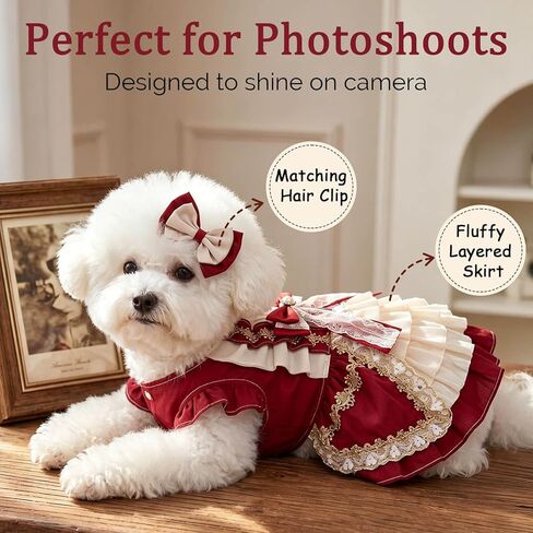 Dog Dress for Small Dogs, Vintage Dog Princess Dress with Layered Ruffle Skirt, Photo Party Outfit for Birthday, Wedding, Party, Photoshoot（M in Kuwait