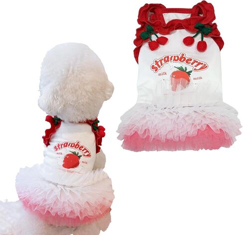 Strawberry Print Dog Skirt, Cherry 3D Decorative Ruffle Pet Clothing, Suitable for All Dogs and Cats, Cute Puppy Princess Dress (Small) in Saudi Arabia