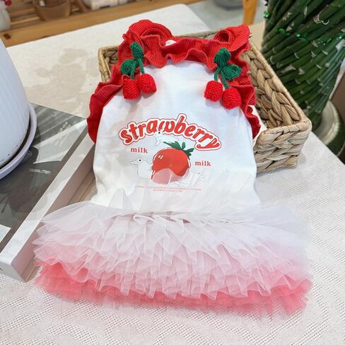 Strawberry Print Dog Skirt, Cherry 3D Decorative Ruffle Pet Clothing, Suitable for All Dogs and Cats, Cute Puppy Princess Dress (Small) in Saudi Arabia