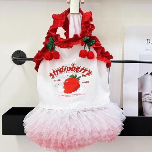 Strawberry Print Dog Skirt, Cherry 3D Decorative Ruffle Pet Clothing, Suitable for All Dogs and Cats, Cute Puppy Princess Dress (Small) in Saudi Arabia