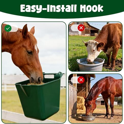 15 Quart Plastic Horse Feeders for Stall Hook Over，Green 4 Pcs Feed Buckets for Horses with Sturdy Hanging Hooks in Farms Workshops Yards, Horse Grain Feeder for Goats, Sheep, Other Livestock in Kuwait
