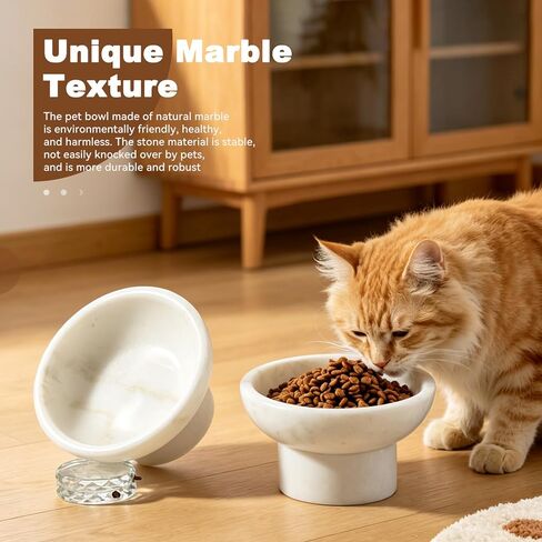 Karibiber Marble Elevated Cat Bowl, White Weighted Raised Cat Food & Water Bowl, Whisker-Friendly Stone Cat Dish with Non-Slip Stand, Heavy Water Bowls for Small Dog in Saudi Arabia