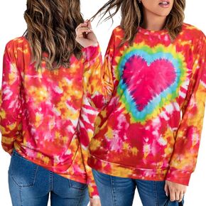 FASHGL Women's Tie Dye Heart Shirt Valentine's Day Lightweight Pullover Casual Lover Gift Long Sleeve Tops Shirt