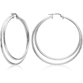 Hoops & Loops 925 Sterling Silver Double Circle Square-Tube Diamond-Cut Round Hoop Earrings for Women & Teen Girls, 40mm 45mm | Silver, Yellow Gold, Rose Gold
