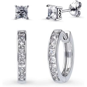 BERRICLE Sterling Silver Bar Cubic Zirconia CZ Solitaire Fashion Anniversary 2 Pairs Hoop and Stud Earrings Set for Women, Rhodium Plated