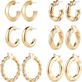 6 Pairs Gold Chunky Hoop Earrings for Women,14K Gold Plated Twisted Huggie Hoop Earring Set Hypoallergenic,Thick Open Hoop Earrings Packs Lightweight.