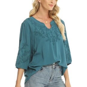 LauraKlein 3/4 Sleeve Tops for Women Mexican Embroidered Tops Peasant Blouse Boho Round Neck Shirts Bohemian Casual Tunic