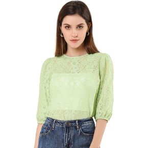 Allegra K Women's Sheer Puff Sleeve Retro Embroidery Tops Lace Blouse