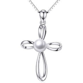 Pearl Pendant Necklaces for Women Girls,925 Sterling Silver Cross Lucky Knot Pendant/Infinity Pendant with Cubic Zirconia,Anniversary Birthday Gifts for Her 16''+2''