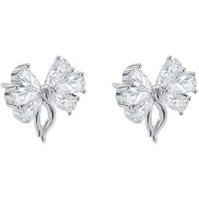 Cute Cubic Zirconia Bow Hypoallergenic Stud Earrings for Women Girls Sensitive Ear Dainty Simple Silver Plated Sparkly Crystal Bowknot Studs Wedding Valentines Day Xmas Gift 13mm