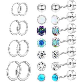 FIRAZIO 11Pairs Surgical Steel Earrings for Sensitive Ears Hypoallergenic Stainless Steel Earrings for Women Mens Titanium Earrings Cartilage Hoop Earring Flat Back Stud Earrings Sets for Multiple Piercing