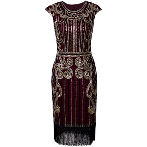 Vijiv 1920s Vintage Inspired Sequin Embellished Fringe Long Gatsby Flapper Dress