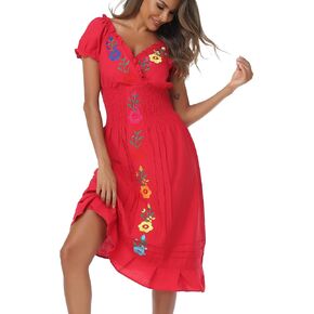 YZXDORWJ Women Mexican Embroidered Casual Dress Summer Ruffle V Neck Short Sleeves