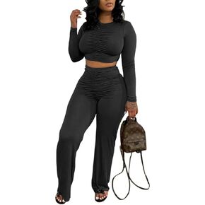Molilove قطعتين ملابس للنساء مثير Bodycon كم طويل المحاصيل الأعلى عالية الخصر واسعة الساق السراويل دعوى 2 قطعة مجموعة in Kuwait