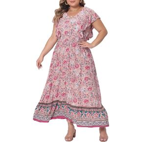 Agnes Orinda Plus Size Dress for Women Bohemian Floral V Neck Ruffle Sleeve Summer Beach Casual Boho Maxi Dresses
