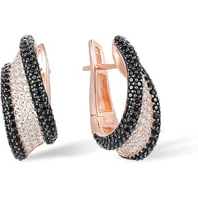Santuzza 925 Sterling Silver Black & White Twisted Earrings Black Spinel White Cubic Zirconia Dangle Earrings for Women