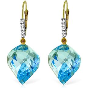 Galaxy Gold GG 14k Solid Gold Leverback Earrings with Diamonds and Briolette Twisted Spiral Blue Topaz