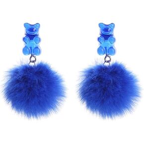 Pom Pom Candy Bear Earrings Fluffy Faux Fur Ball Earrings Gummy Resin Bear Drop Earrings Cute Colorful Ball Resin Bear Dangle Earring for Women Girls