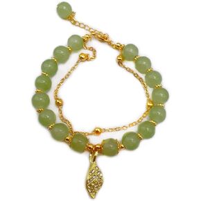 CJIAYUJEW Hotan Jade Leaf Bracelet Natural 2-Layer Green Nephrite Jade Bracelet for Women Round Bead Design with Zircon Leaf Charm Bracelet,Lucky Jade Bracelet Ladies Jewelry