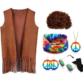 Hippie 6 pcs Halloween Costume for Mens or Women 60s 70s Hippie Costume Set Fringe Vest