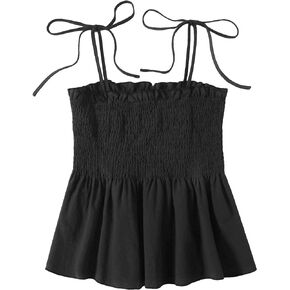 SHENHE Women's Tie Shoulder Shirred Ruffle Hem Spaghetti Strap Cute Camisole Peplum Top
