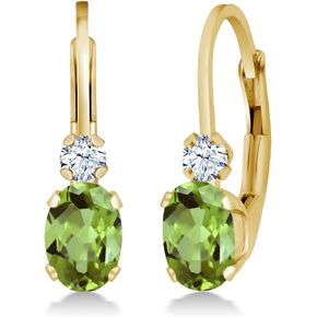 Gem Stone King 14K Yellow Gold Green Peridot and White Created Sapphire Leverback Earrings For Women | 1.08 Cttw | Gemstone August Birthstone | Oval 6X4MM, Round 2MM | 3/4 Inch
