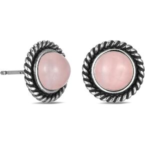 TRUEARTH 3.0 - 4.0 Ct (7mm) Genuien Gemstone Stud Earrings, 925 Sterling Silver Vintage Stud Earrings with Turquoise, Green Jade or Rose Quartz, Western Antiqued Boho Good Fortune Protection Healing Earrings for Women Men Wife Girlfriend Mom Him Her