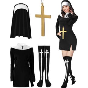 Vabean Halloween Nun Costume Accessories Nun Dress Nun Hat Stockings Gold Cross Pendant Necklace for Women Halloween Cosplay