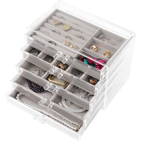 WEIKIMFF Clear Acrylic Jewelry Organizer Box With 5 Drawers, Transparent Storage Box Can Be Stacked,Velvet Tray Can Be Adjusted For Storing Earrings Rings Bracelets Necklaces Gift for Women