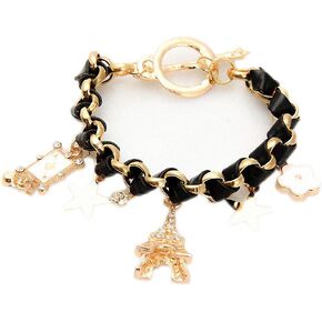Eiffel Tower Flower Star Poker Crystal Pendant Bangle Bracelet for Women Multicolor Cute Elegant Stackable Faux Leather Rope Braided Costume Jewelry Ankle Dance Party Valentine's Day Anniversary Birthday Gift