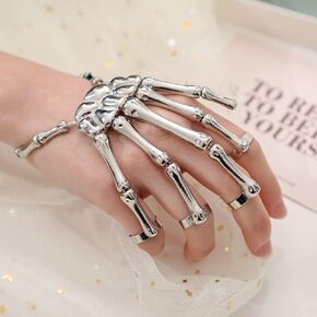 Wiwpar Men Women's Halloween Skull Bracelet with Rings Skeleton Hand Harness Slave Bracelet Punk Ghost Claw Skeleton Accessories for Festival Cosplay Costume (Black)