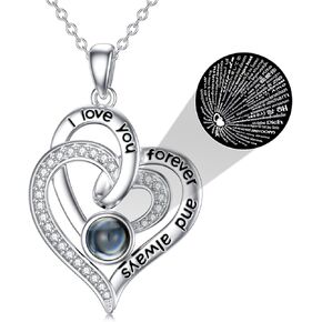 925 Sterling Silver I Love You 100 Languages Necklace I Love You Forever Infinity Heart Mom Sunflower Projection Pendant Necklace for Women Mother's Day Gift