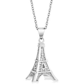 Gem Stone King 925 Sterling Silver France Eiffel Tower White CZ Pendant Necklace For Women (0.5 Inch with 18 Inch Complimentary Chain)