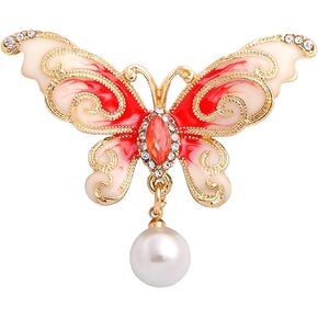 Premium Enamel Butterfly Brooch Pin for Women Rhinestone Crystal Pearl Butterfly Brooch Red/Green/Blue Butterfly Brooch Lapel Pin Clothing Hat Bag Accessories for Christmas Valentine's Day Birthday Gift