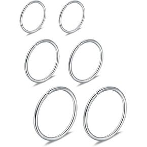 Ruifan 6PCS Mix Size Stainless Steel Clip on Fake Nose Lip Helix Cartilage Tragus Ear Hoop Ring 22G 6mm/8mm/10mm