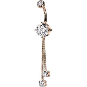 Pierced Owl 14GA 316L Stainless Steel Double Jeweled with Double CZ Crystal Chain Dangling Belly Button Ring