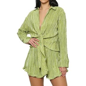 Women's 2 Pieces Outfits Pleated Deep V Neck Tie Front Long Sleeve Blouse with Shorts Green Small