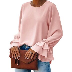OPOIPIN Women's Casual Tiered Ruffle Bell Long Sleeve Round Neck Blouse Shirt Top