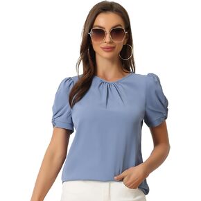 Allegra K Puff Sleeve Blouse for Women's Round Pleated Neck Top