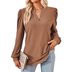 YATHON Women's Casual Puff Long Sleeve Tops Dressy Elegant Notch Neck T-Shirts Fashion Blouse for Work