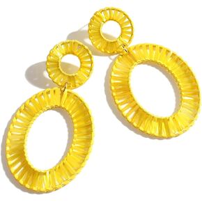 Statement Rattan Raffia Hoop Drop Earrings for Women Geometric Handmade Colorful Rainbow Earring