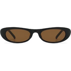 JUDOO Skinny Oval Sunglasses for Women Retro Narrow Tiny Cat Eye Glasses Black Rave Shades