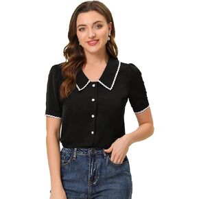 Allegra K Short Sleeve Chiffon Blouse for Women's Collared Casual Work Button Down Shirt Top