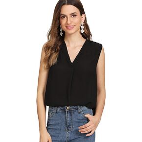 SweatyRocks Women's Chiffon Sleeveless V Neck Tunic Blouse Loose Casual Tank Top