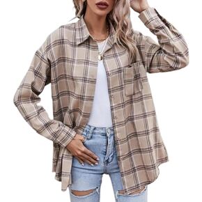 Blostirno Womens Plaid Button Down Shirts Flannel Long Sleeve Casual Shackets Dressy Loose Blouse Tops