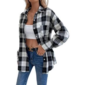 Blostirno Womens Plaid Button Down Shirts Flannel Long Sleeve Casual Shackets Dressy Loose Blouse Tops