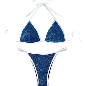 SHENHE Women's Sexy Triangle Bikini Sparkly 2 Piece Halter Swimsuits Thong Bathing Suit