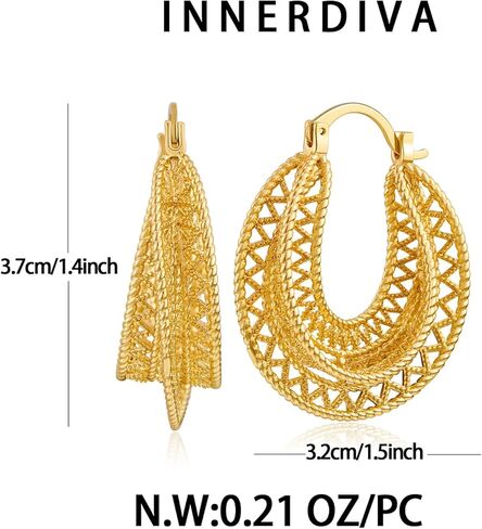 INNERDIVA الذهب الجوف التدريجي مكتنزة هوب أقراط خمر تخريمية هوب أقراط واسعة هوب أقراط للنساء مجوهرات هدايا in Kuwait