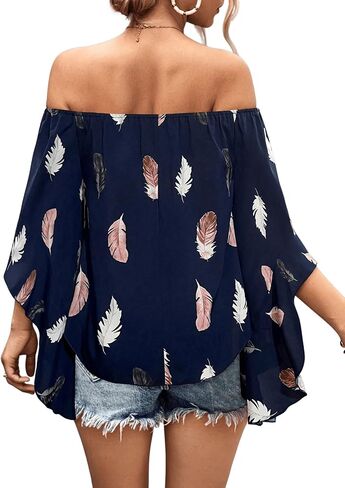 SOLY HUX Women's Off Shoulder Feather Print 3/4 Flounce Sleeve Blouse Tops in Saudi Arabia